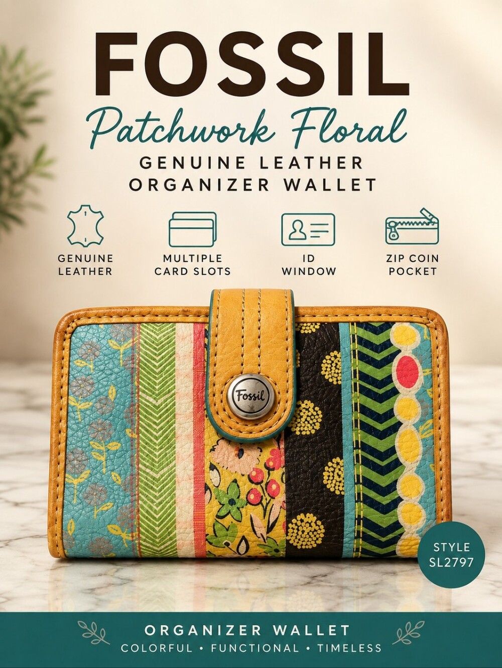 Fossil Patchwork Floral Genuine Leather Organizer Wallet SL2797